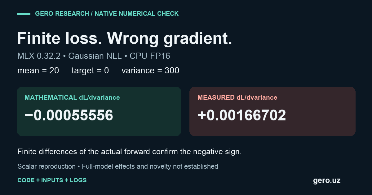 MLX Gaussian NLL on CPU FP16: mean 20, target 0, variance 300. Mathematical variance gradient −0.00055556; measured gradient +0.00166702. Full-model effects and novelty are not established.